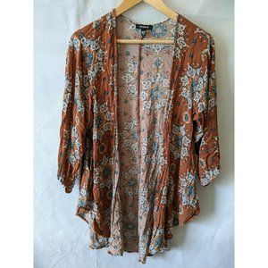 Torrid Brown Floral Print Short Flutter Sleeve Open Front Lightweight Jacket